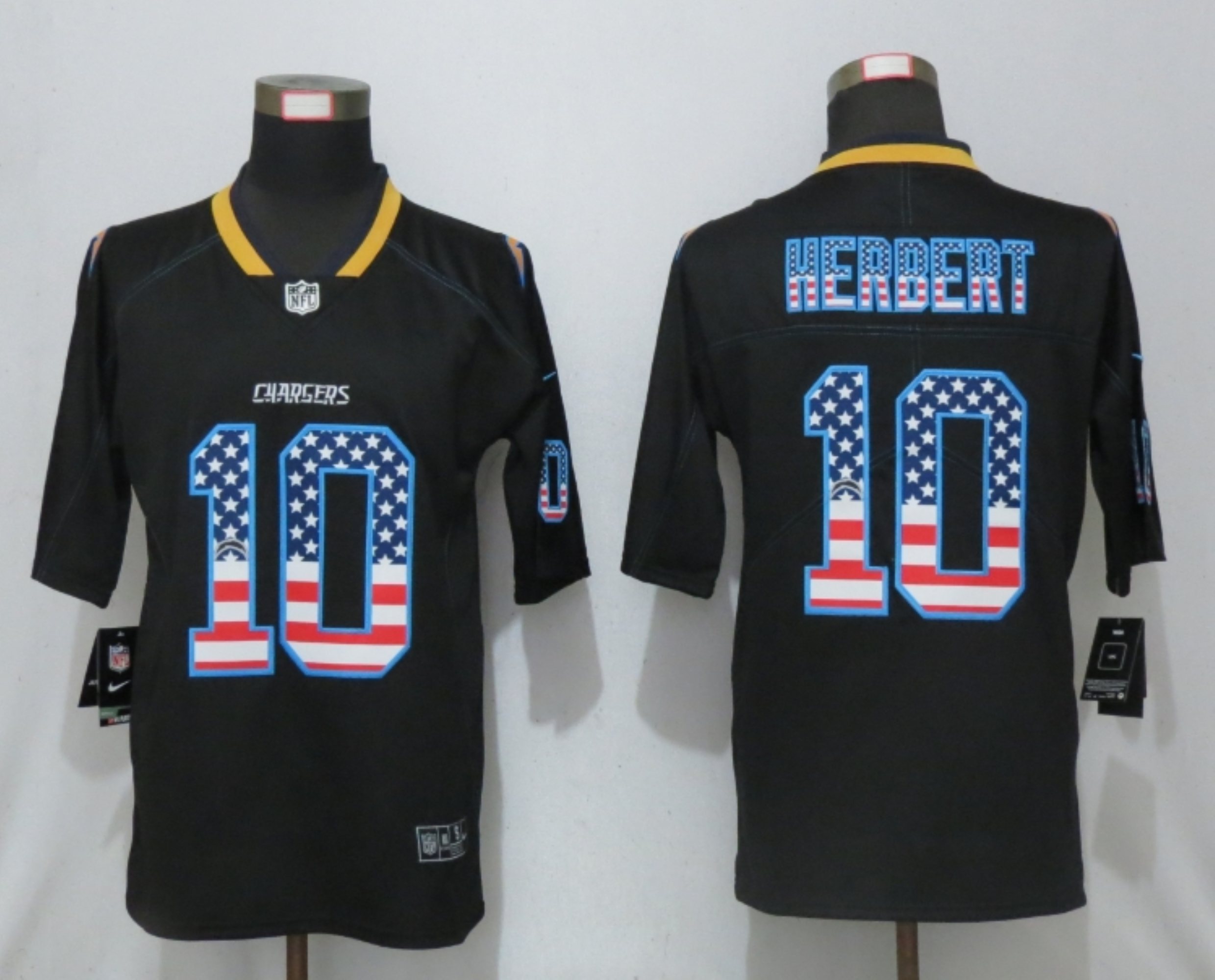 Men New Nike San Diego Chargers 10 Herbert USA Flag Fashion Black Elite Jersey